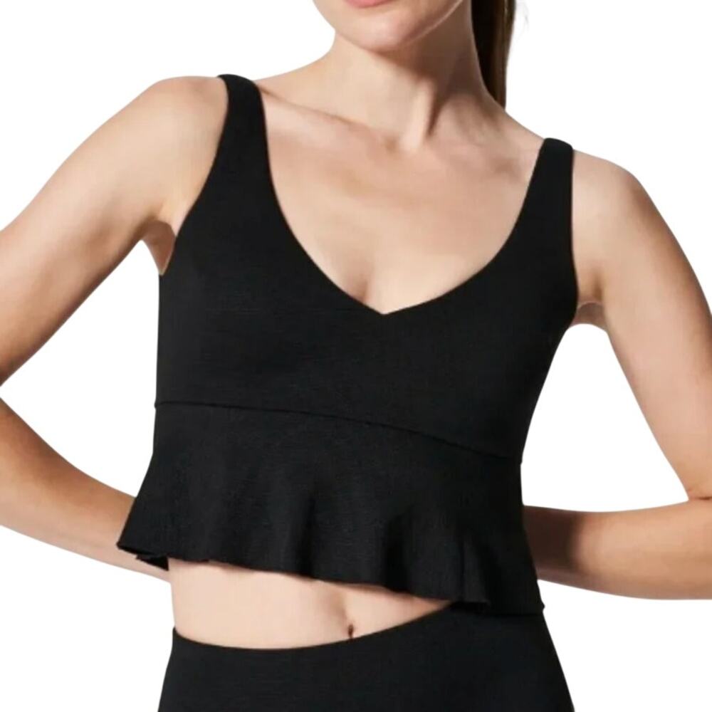 Spanx Swim Pique Longline Flounce bikini Top black M NWT Luxury shaping Swimwear